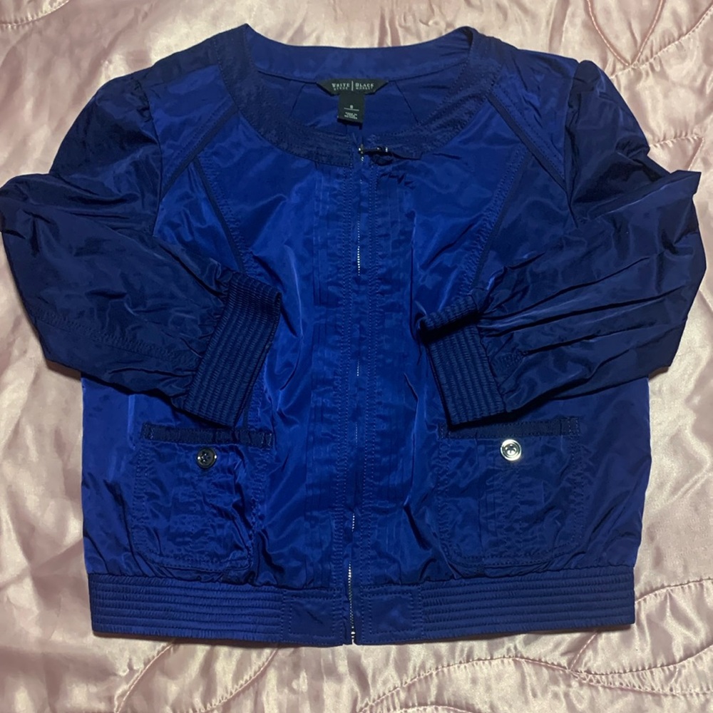 White House Black Market Blue Reflective Cropped Zip Up Jacket